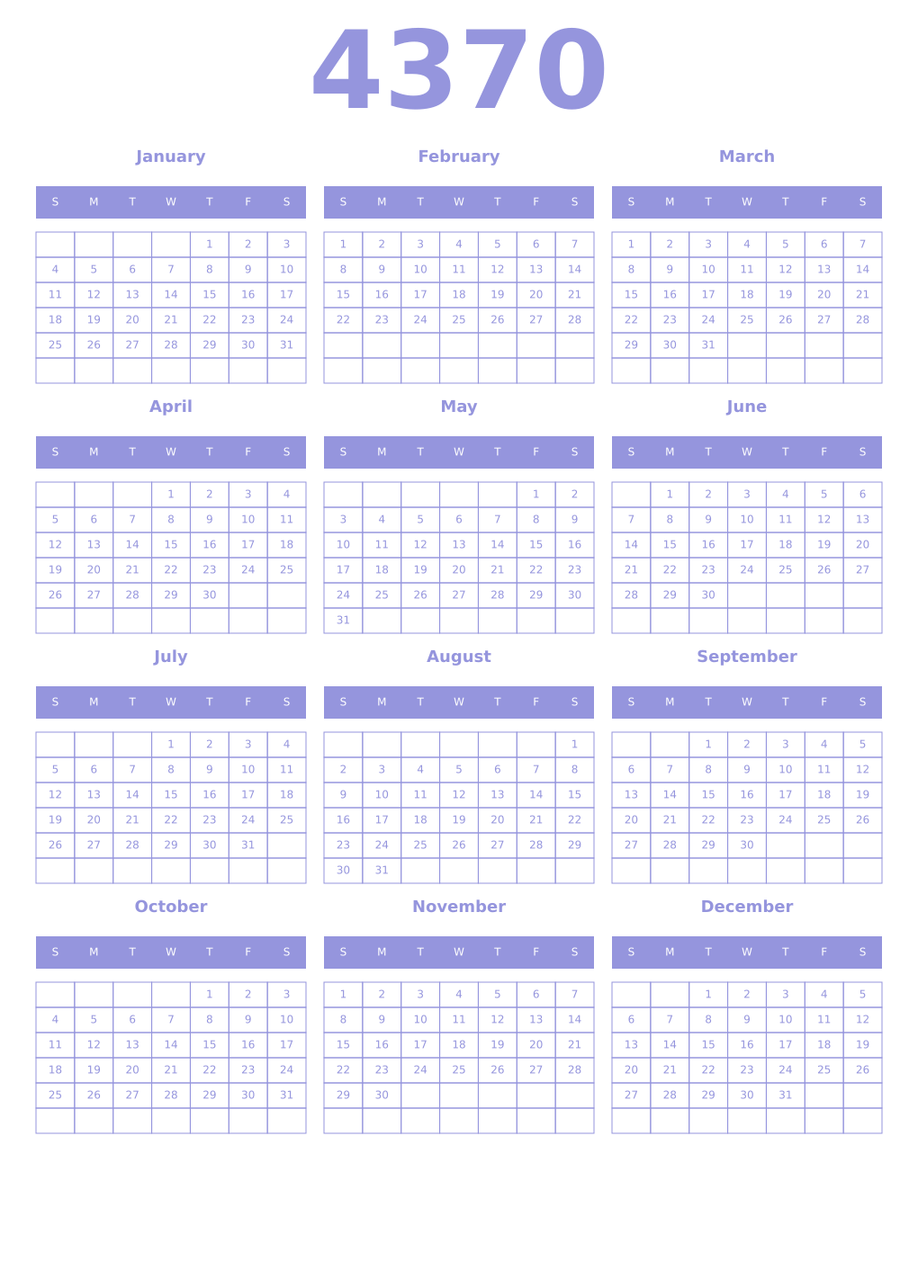 Printable 4370 Year Calendars periwinkle