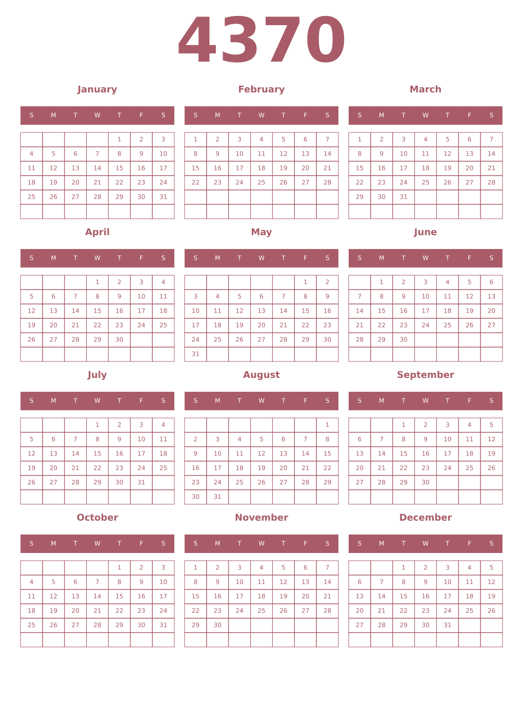 Printable 4370 Year Calendars puce