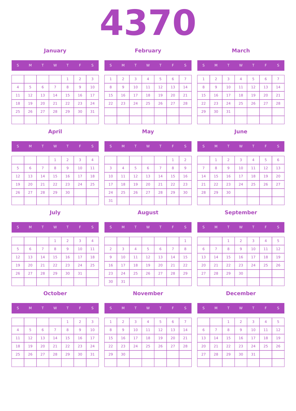 Printable 4370 Year Calendars purple
