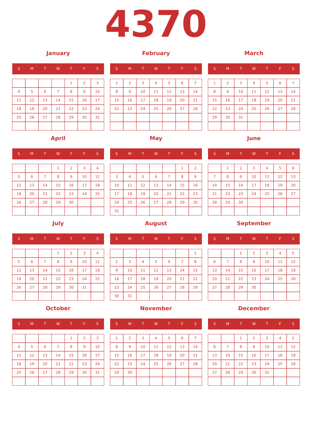 Printable 4370 Year Calendars red