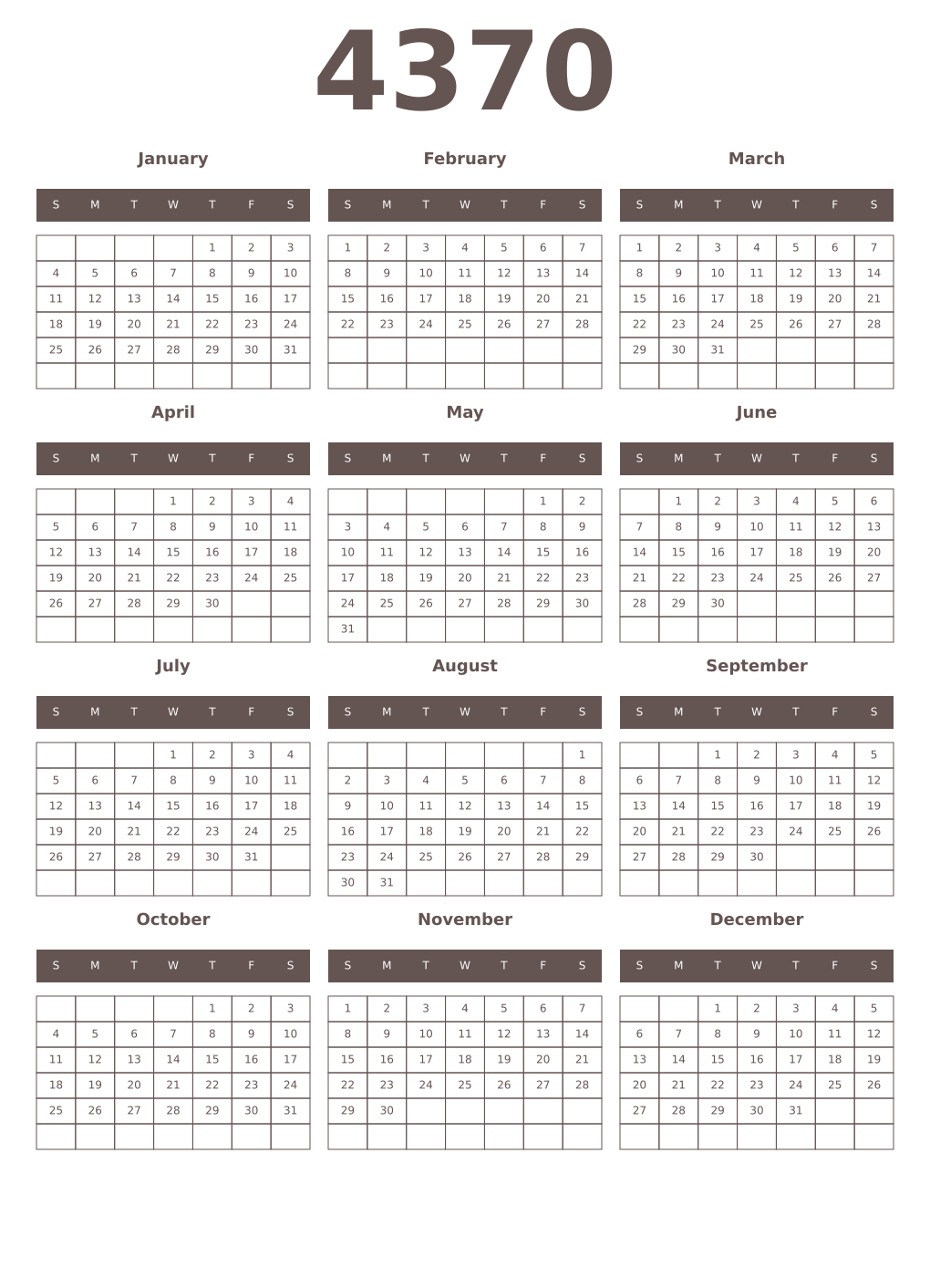 Printable 4370 Year Calendars wenge