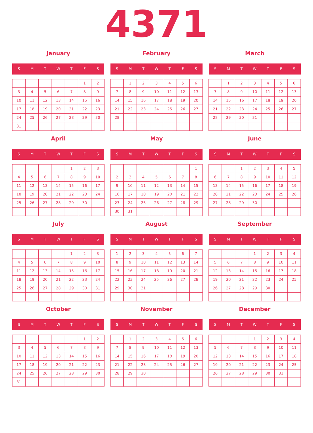Printable 4371 Year Calendars amaranth