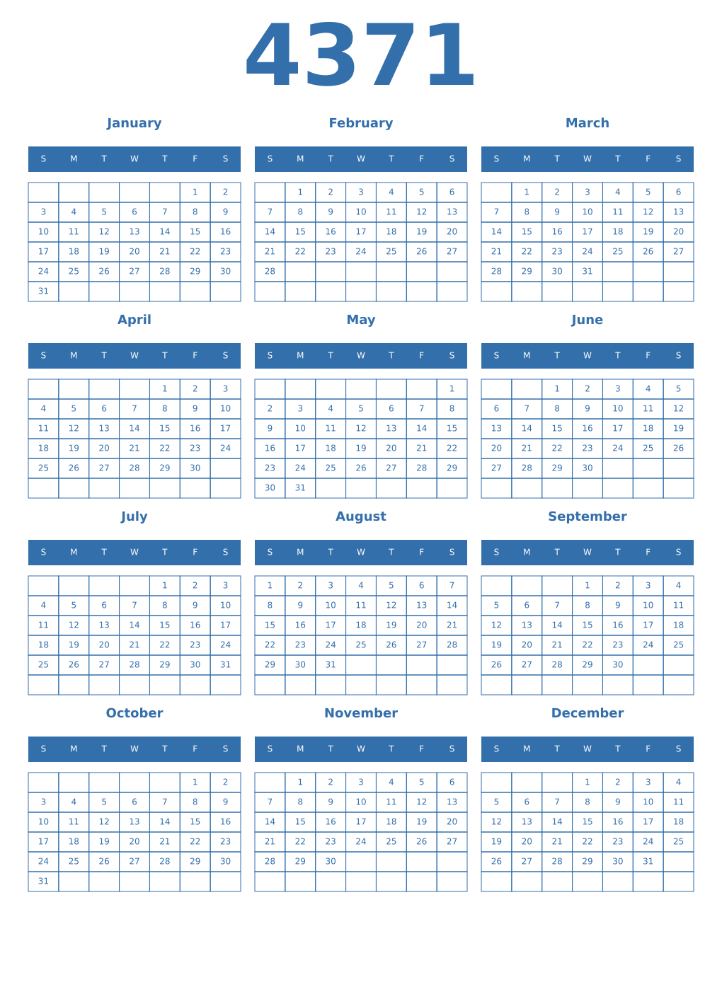 Printable 4371 Year Calendars blue