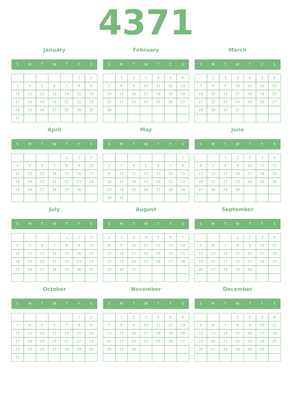 Printable 4371 Year Calendars celadon