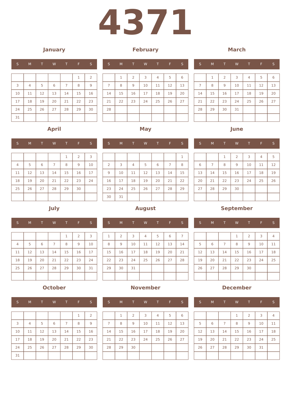 Printable 4371 Year Calendars coffe