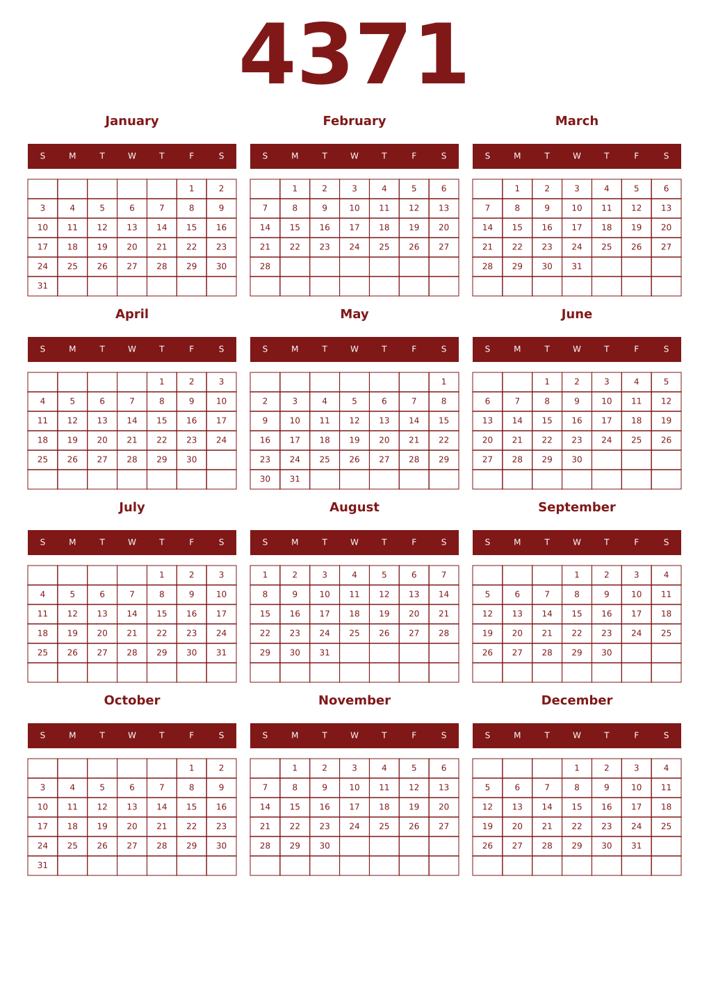 Printable 4371 Year Calendars falu
