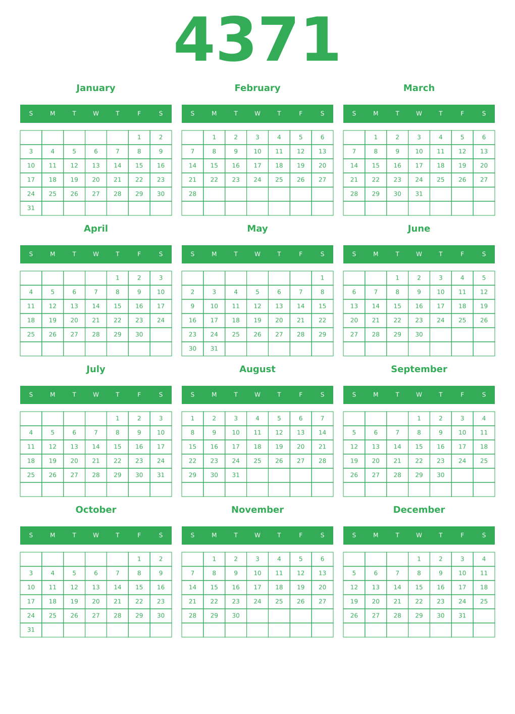 Printable 4371 Year Calendars green
