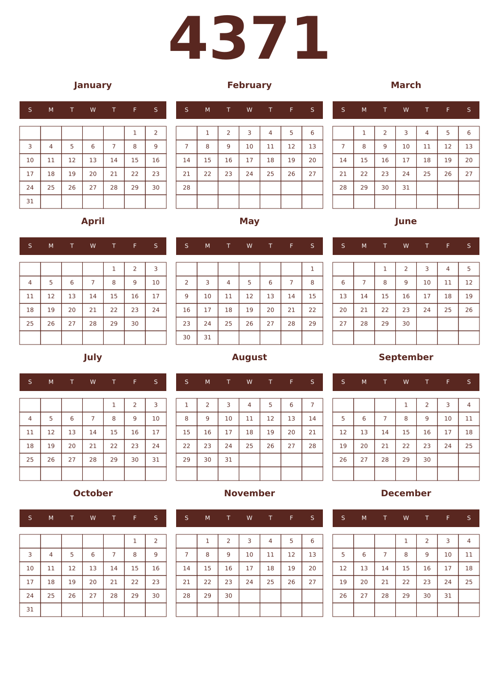 Printable 4371 Year Calendars mortuum