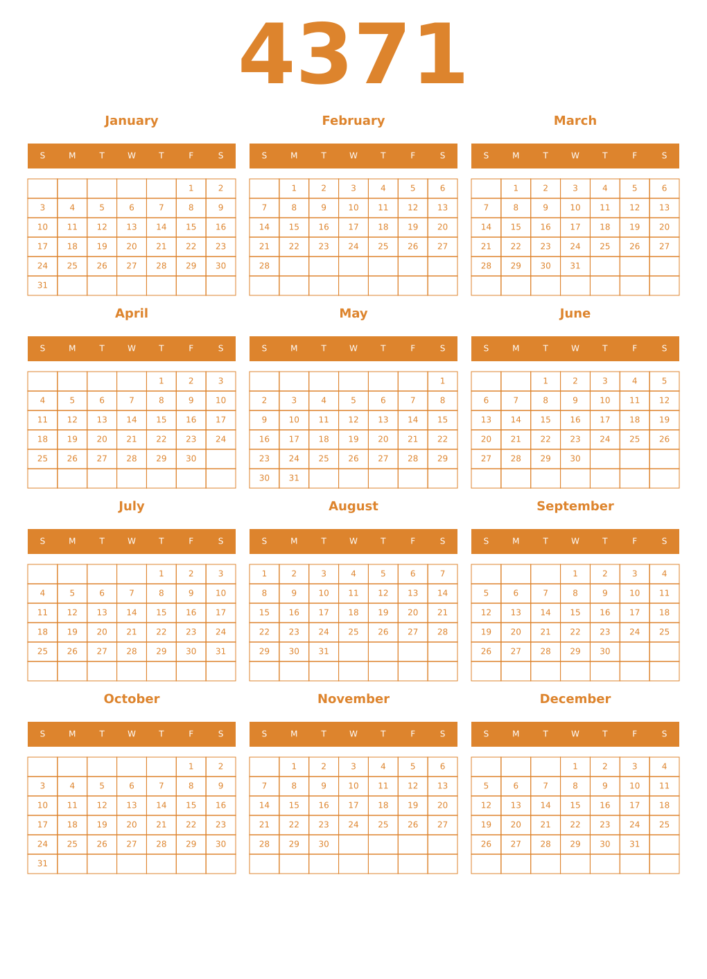 Printable 4371 Year Calendars orange