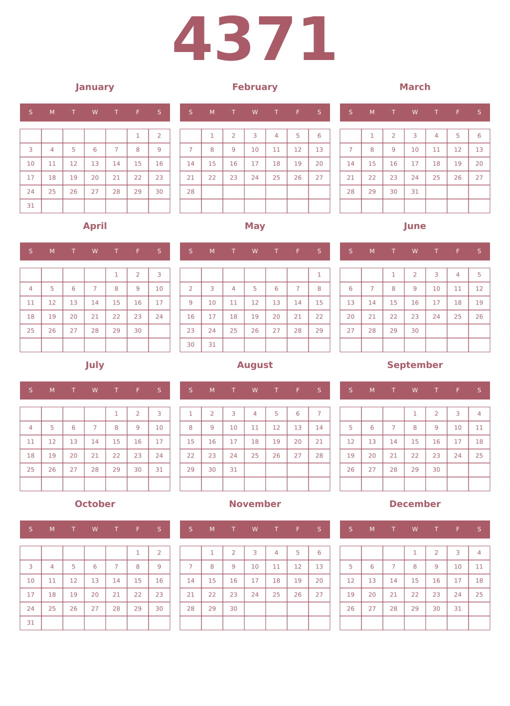 Printable 4371 Year Calendars puce