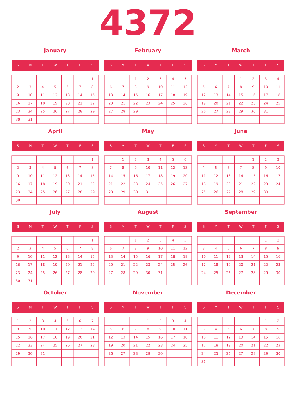 Printable 4372 Year Calendars amaranth