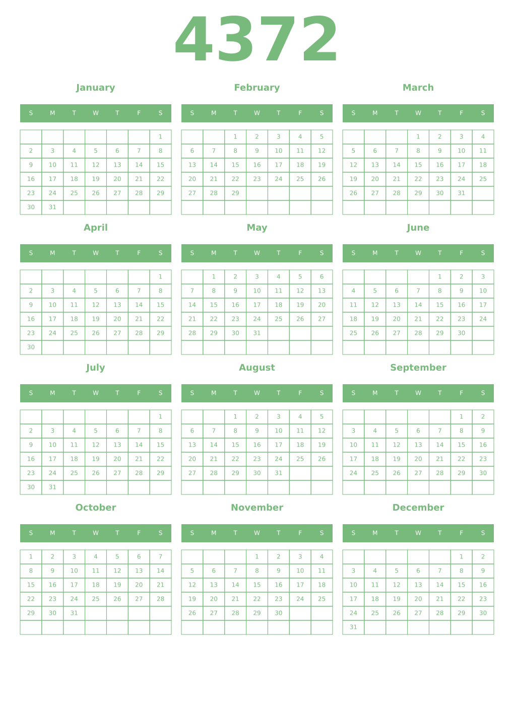 Printable 4372 Year Calendars celadon