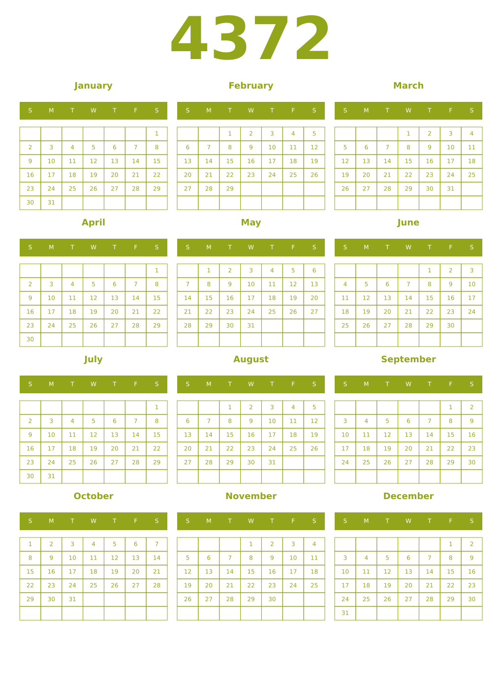 Printable 4372 Year Calendars chartreuse