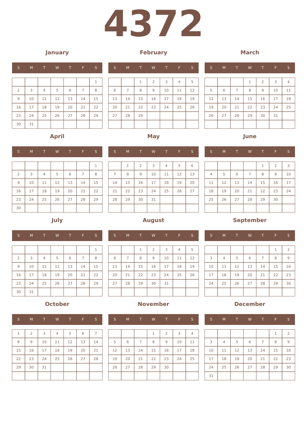 Printable 4372 Year Calendars coffe