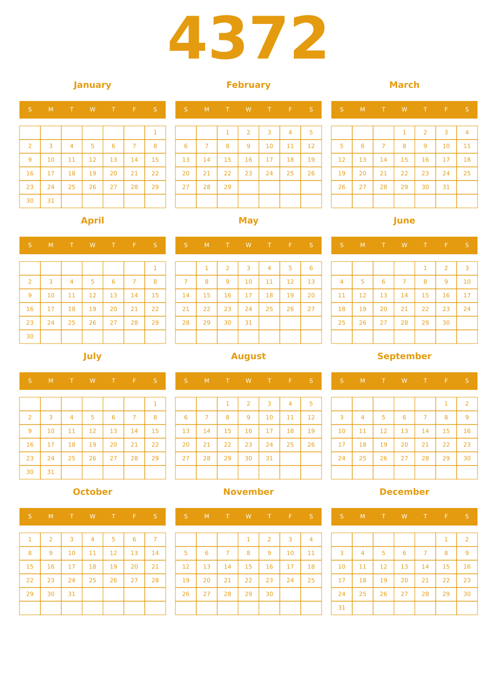 Printable 4372 Year Calendars gamboge
