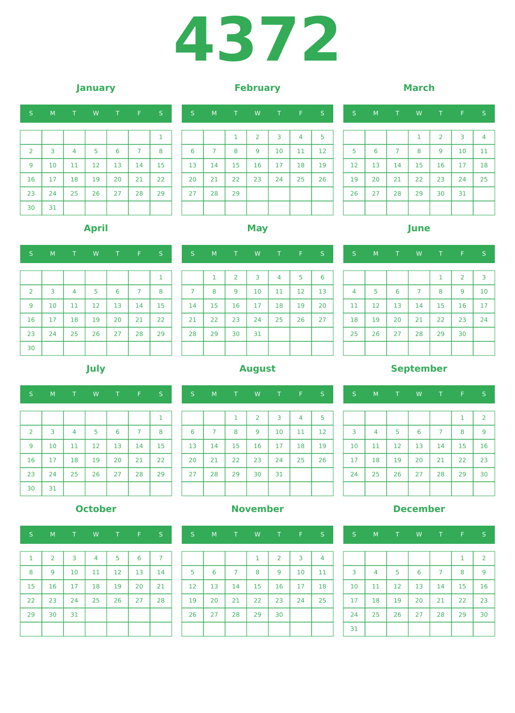 Printable 4372 Year Calendars green