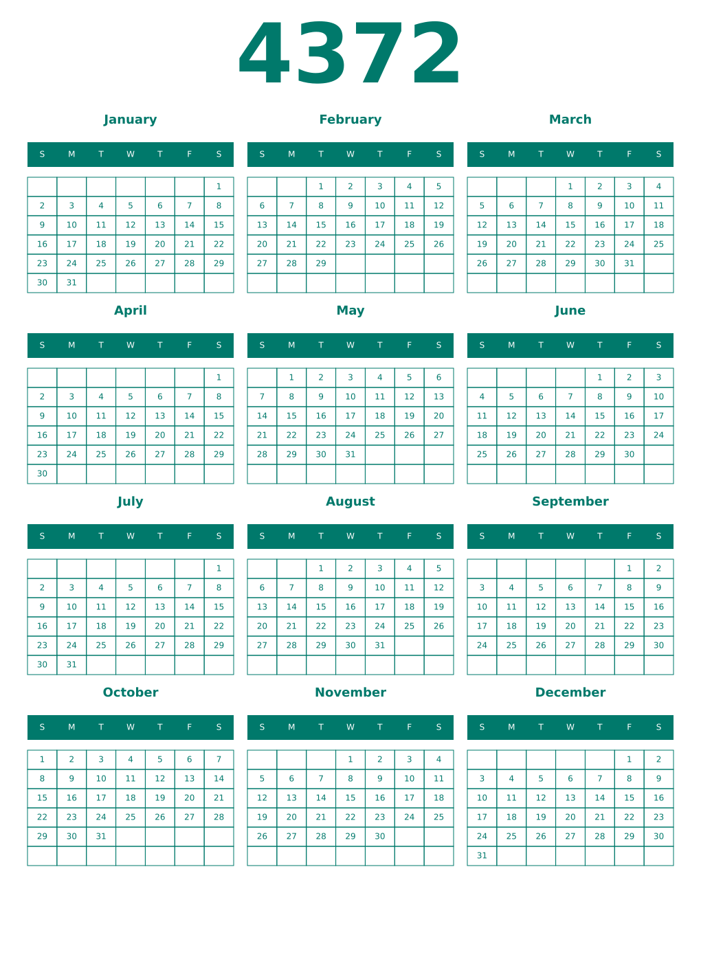 Printable 4372 Year Calendars pastel