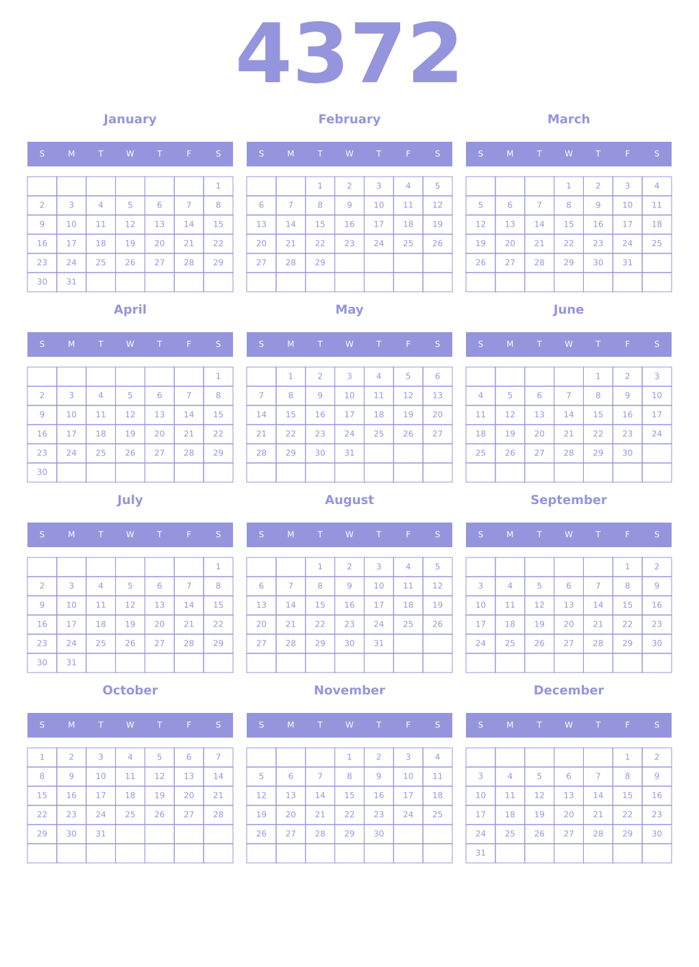Printable 4372 Year Calendars periwinkle