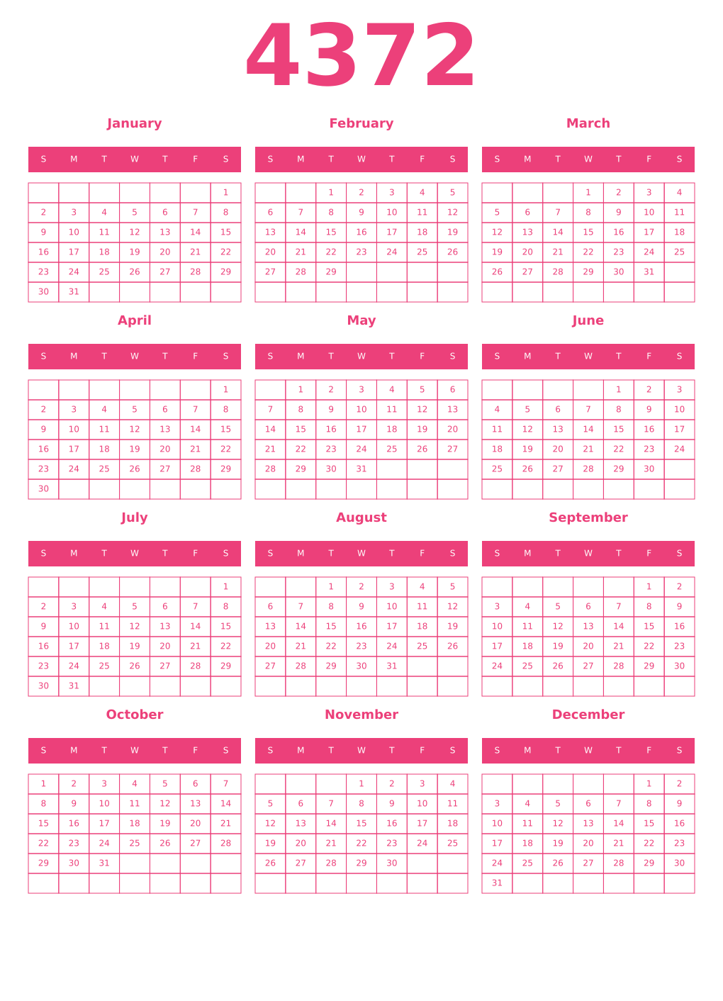Printable 4372 Year Calendars pink