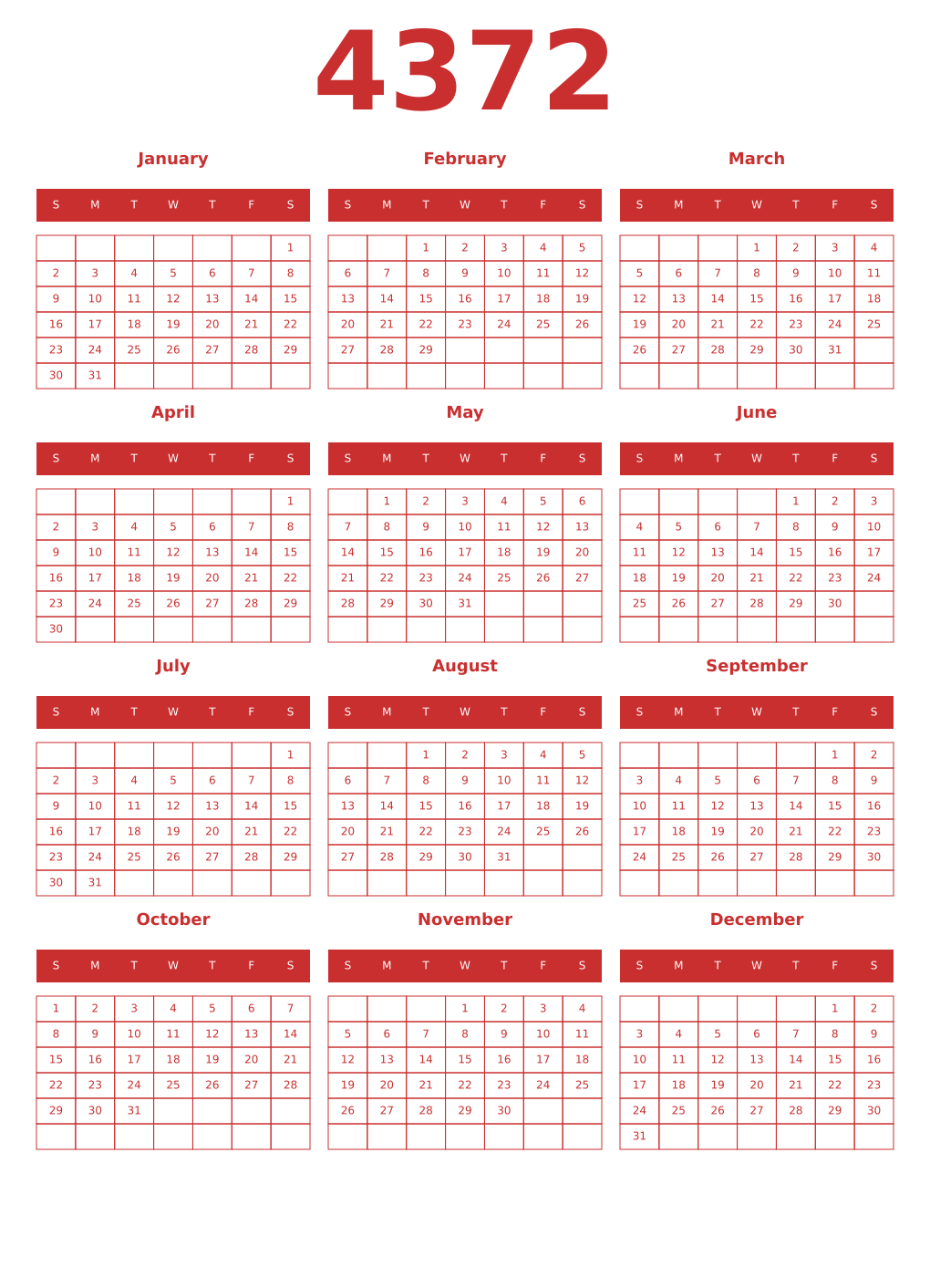 Printable 4372 Year Calendars red