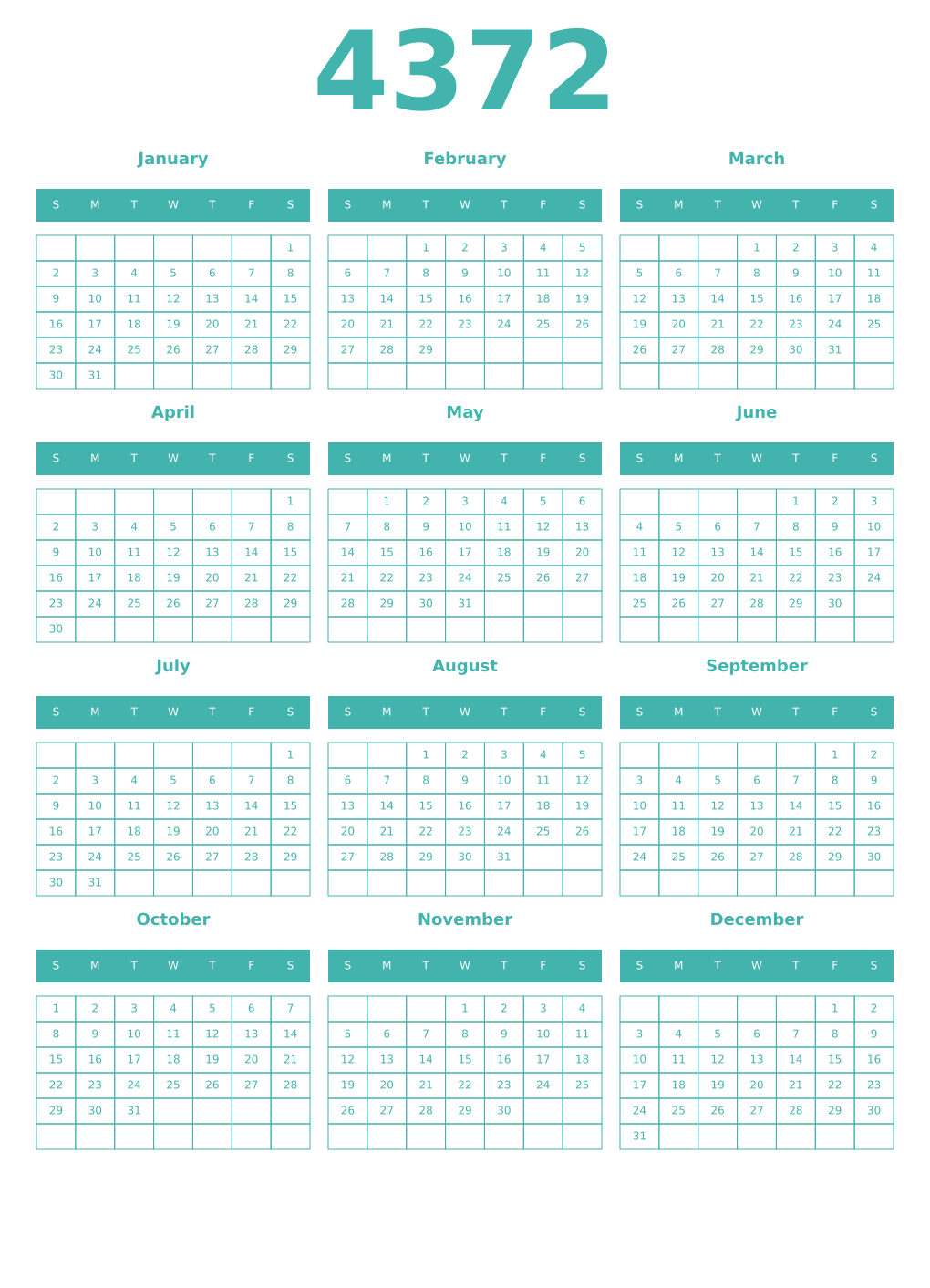 Printable 4372 Year Calendars verdigris
