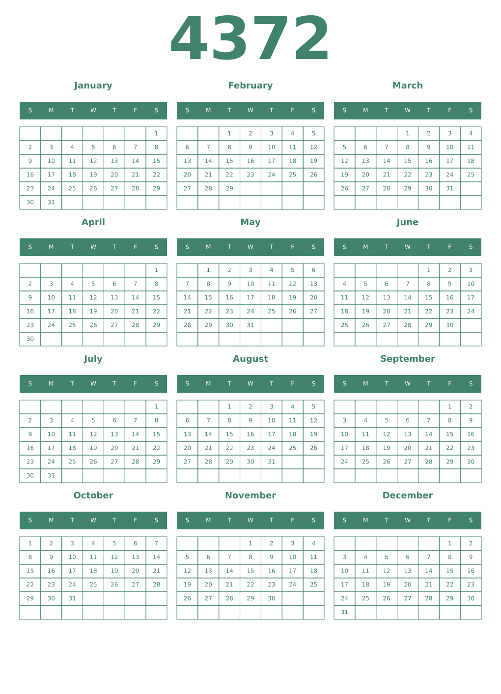 Printable 4372 Year Calendars viridian