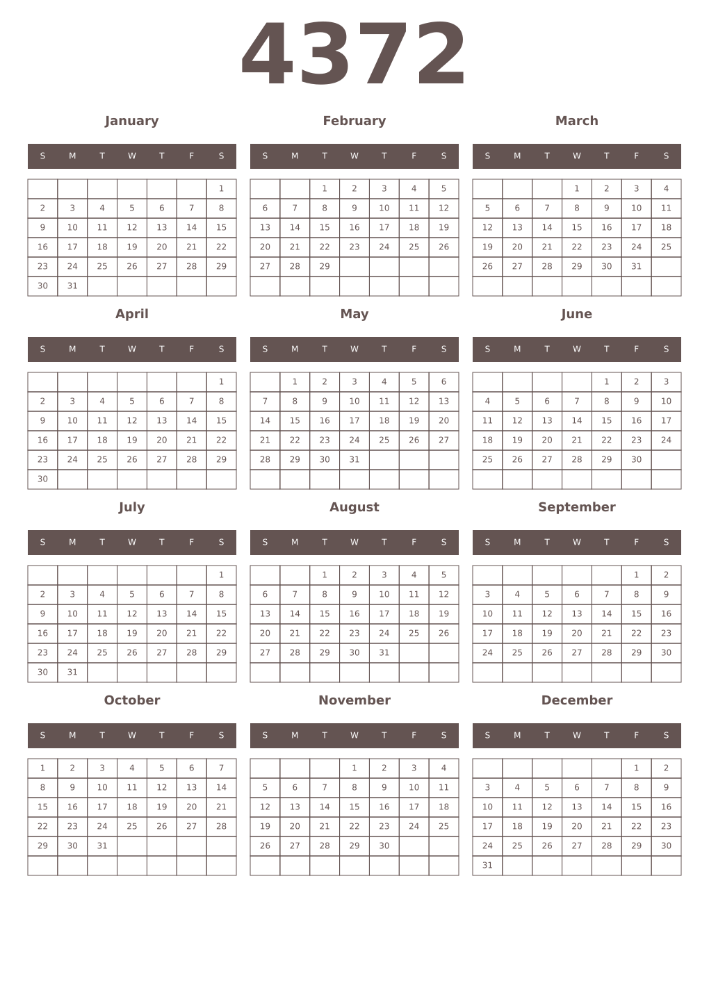 Printable 4372 Year Calendars wenge
