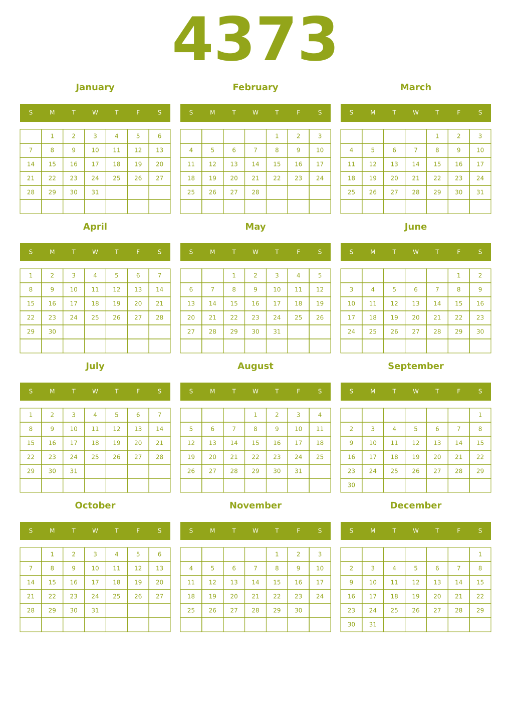 Printable 4373 Year Calendars chartreuse