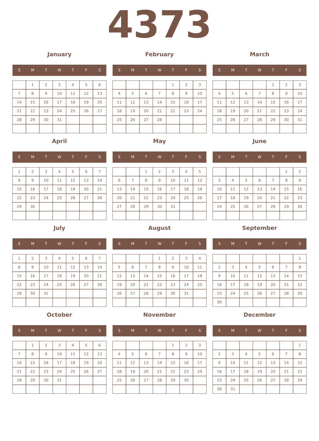 Printable 4373 Year Calendars coffe