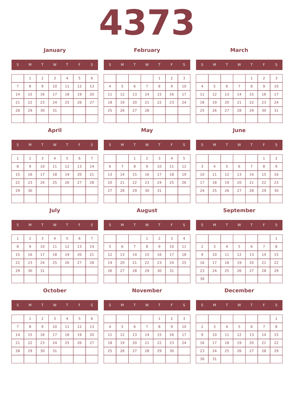 Printable 4373 Year Calendars cordovan