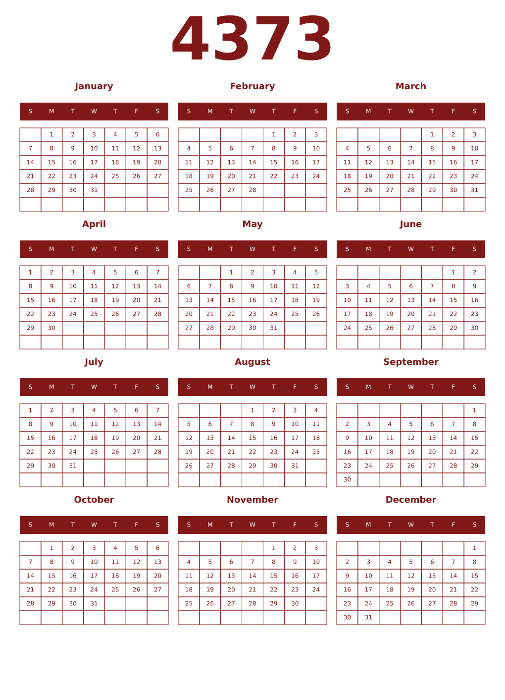 Printable 4373 Year Calendars falu