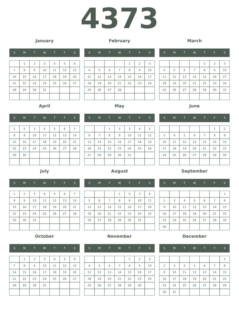 Printable 4373 Year Calendars feldgrau