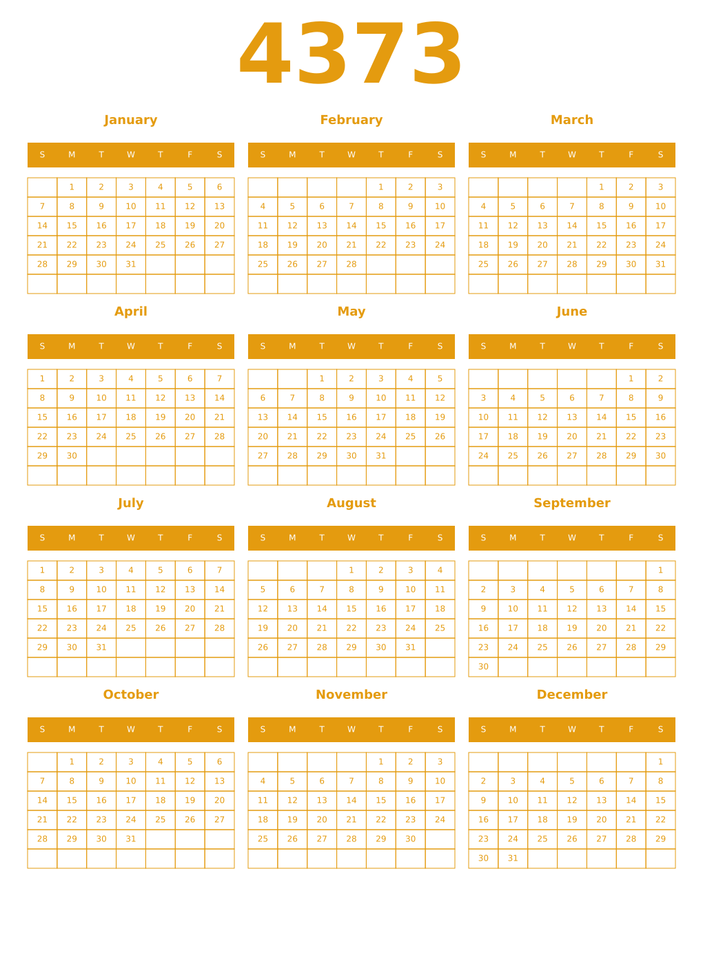 Printable 4373 Year Calendars gamboge