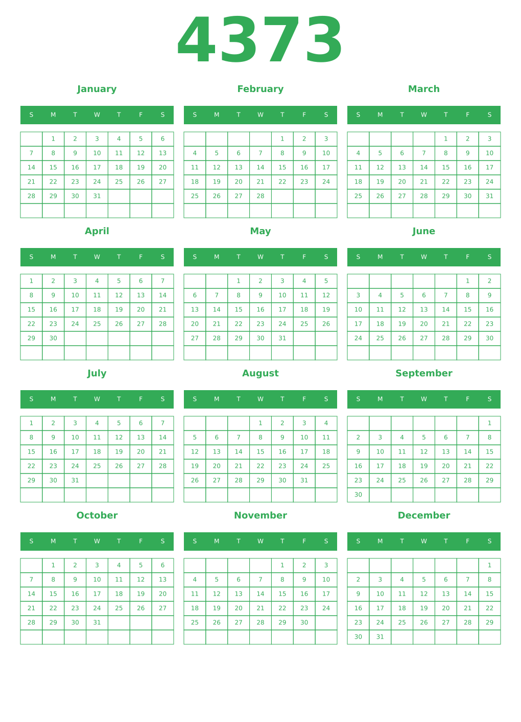 Printable 4373 Year Calendars green