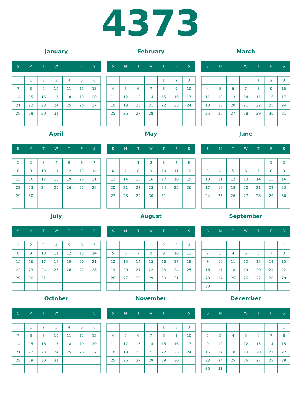 Printable 4373 Year Calendars pastel