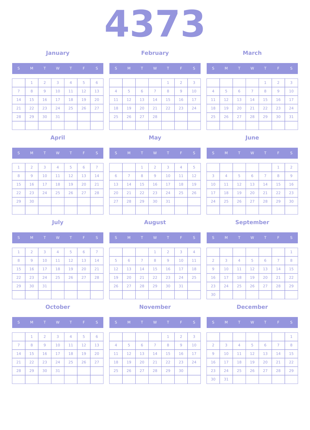 Printable 4373 Year Calendars periwinkle