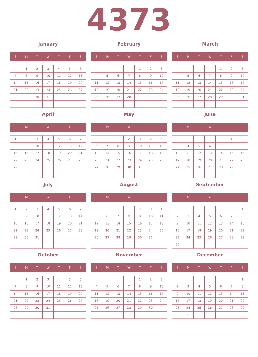 Printable 4373 Year Calendars puce