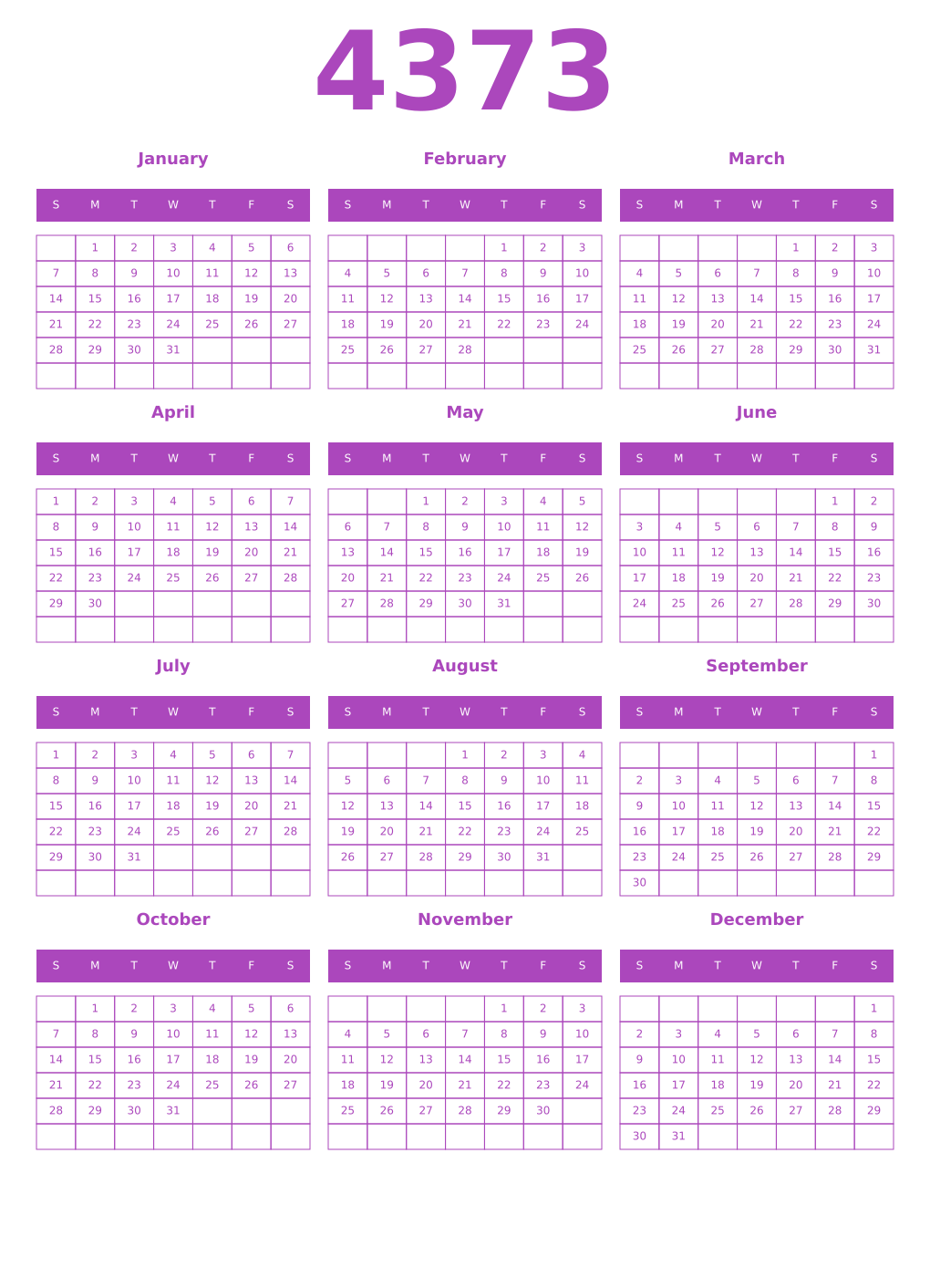 Printable 4373 Year Calendars purple