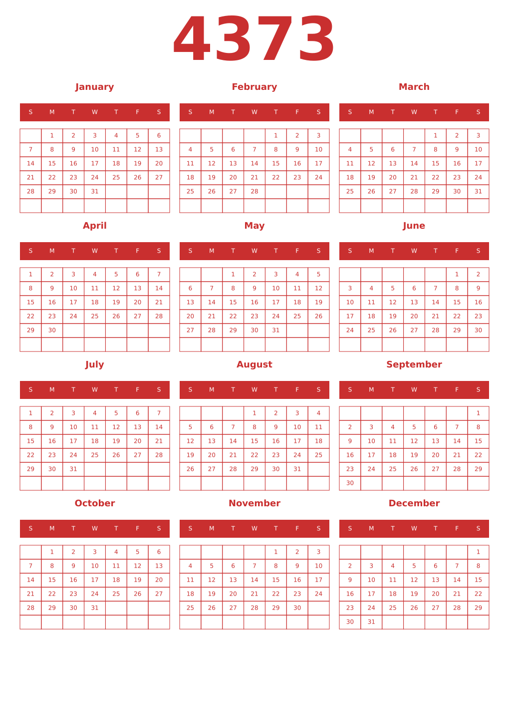 Printable 4373 Year Calendars red