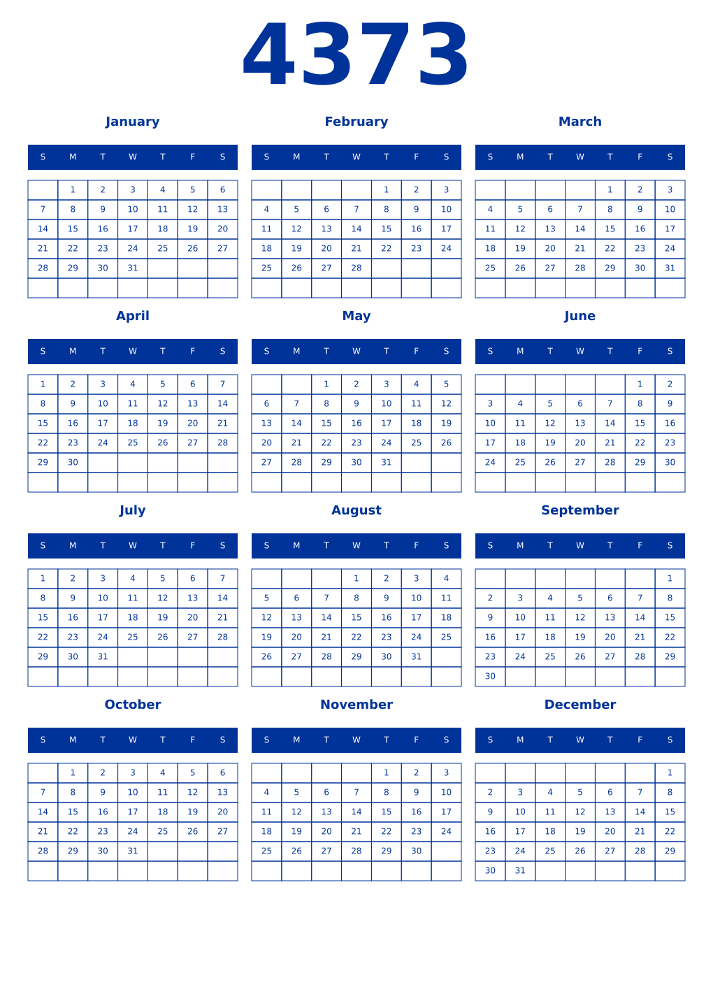 Printable 4373 Year Calendars smalt