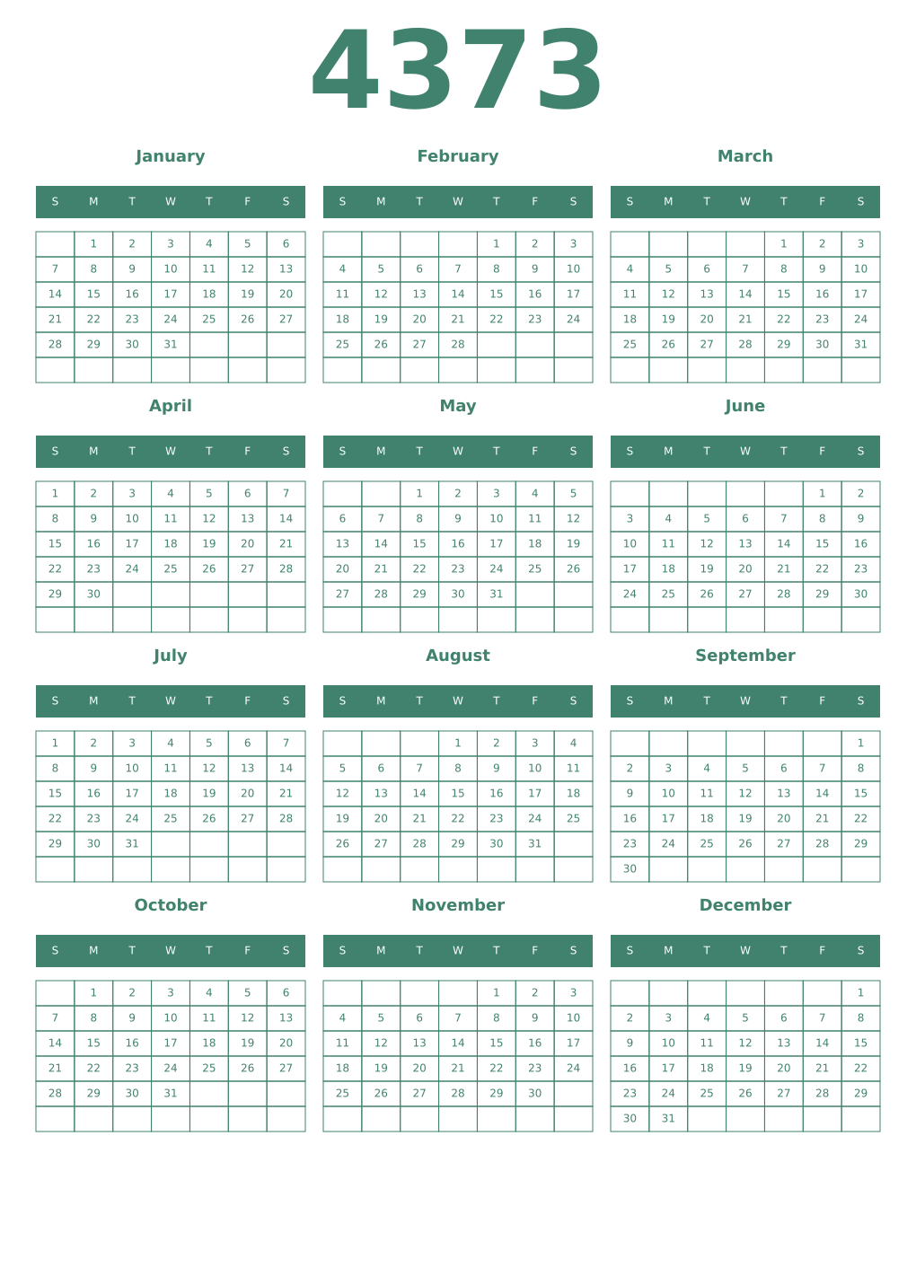 Printable 4373 Year Calendars viridian