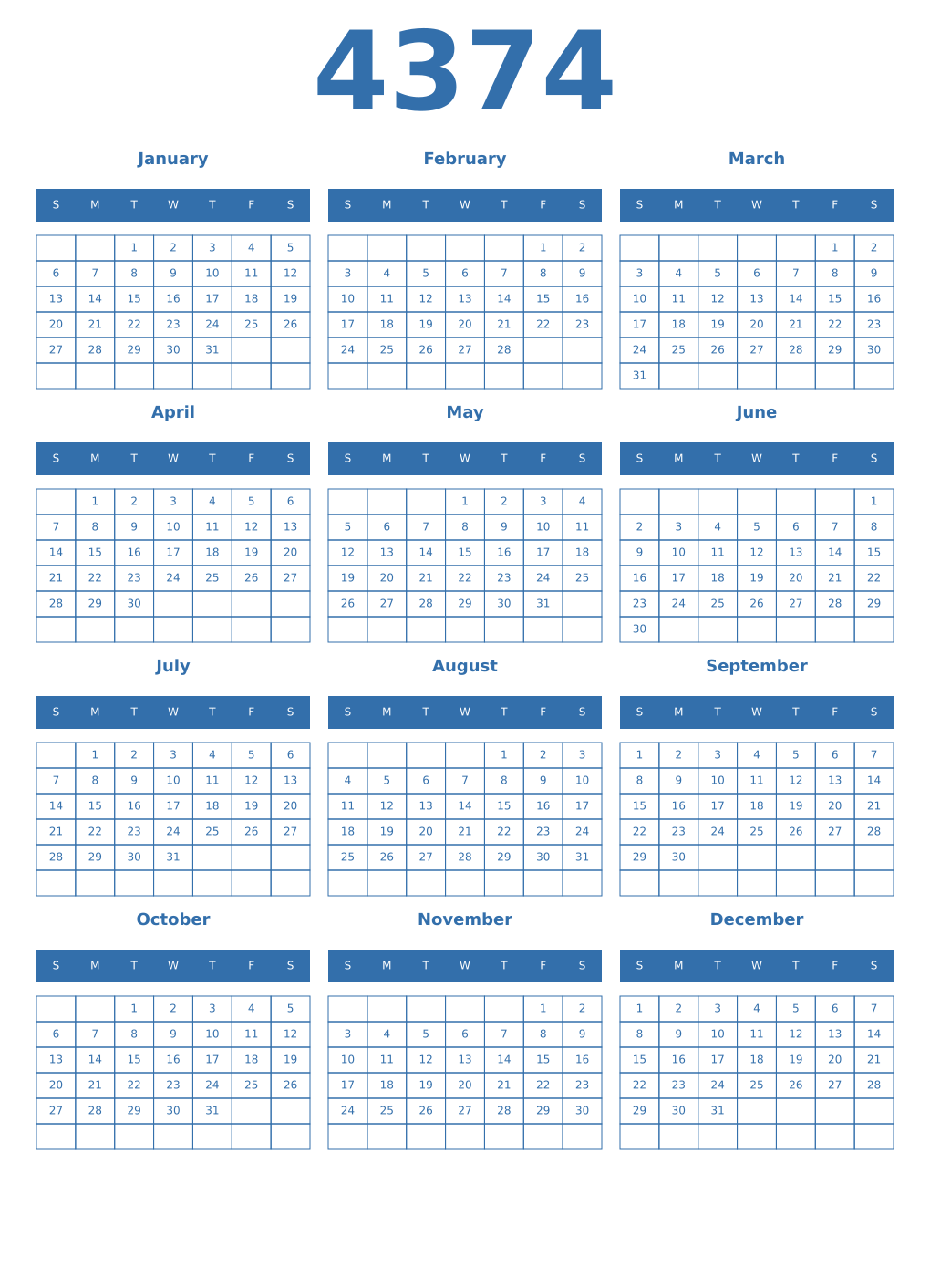 Printable 4374 Year Calendars blue