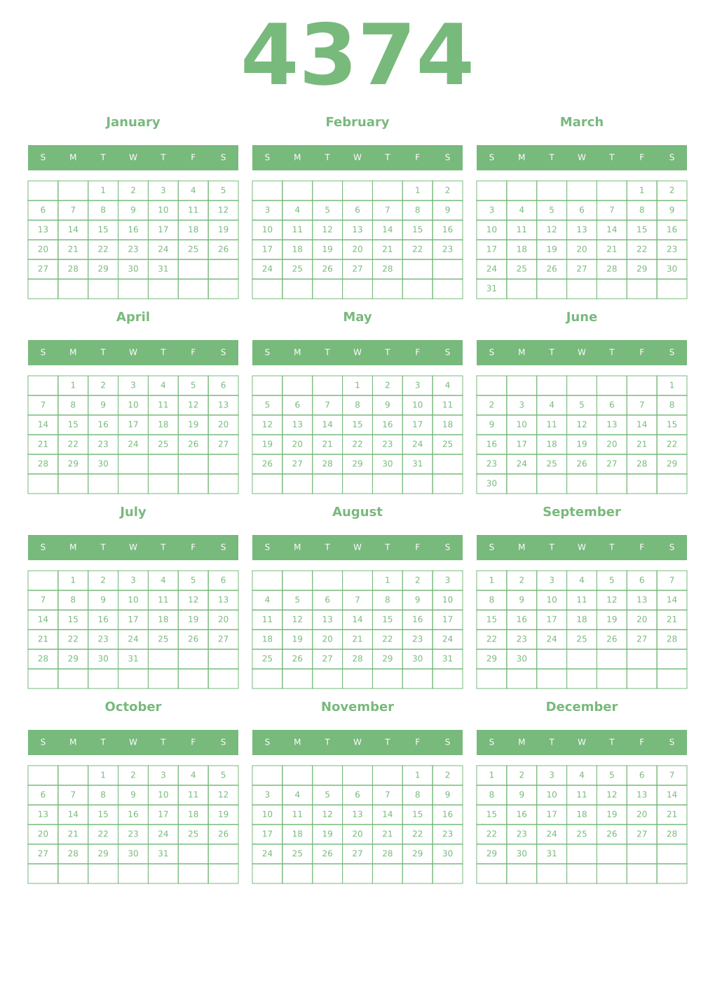 Printable 4374 Year Calendars celadon