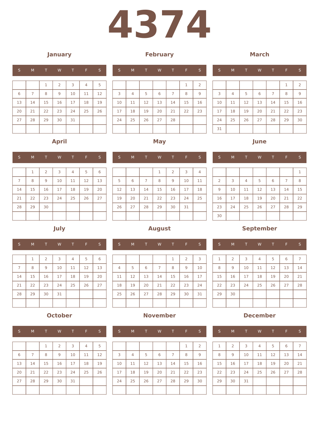 Printable 4374 Year Calendars coffe