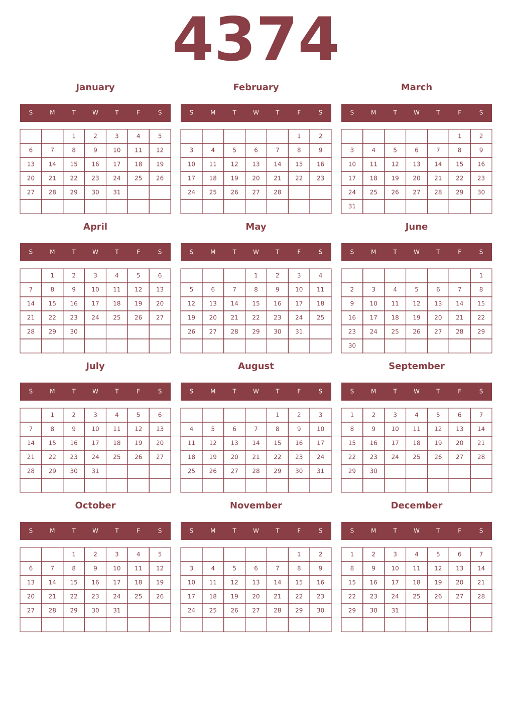 Printable 4374 Year Calendars cordovan