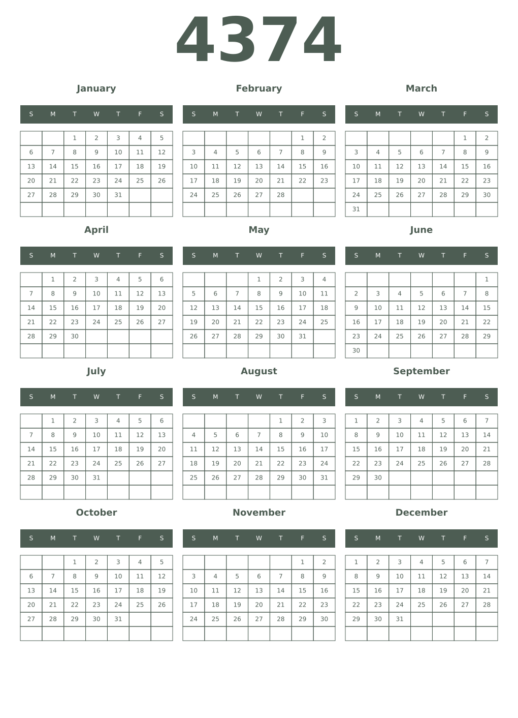 Printable 4374 Year Calendars feldgrau