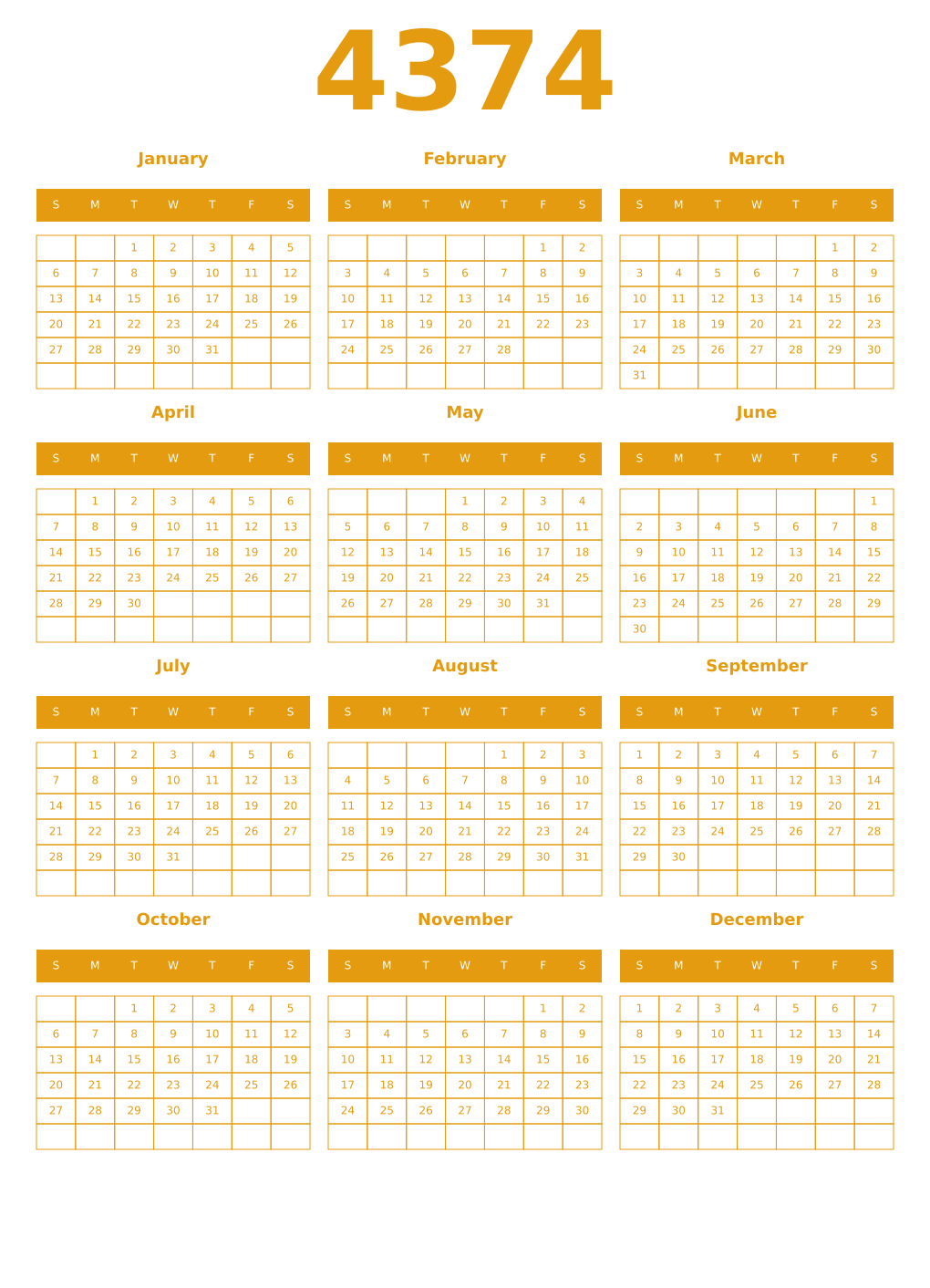 Printable 4374 Year Calendars gamboge