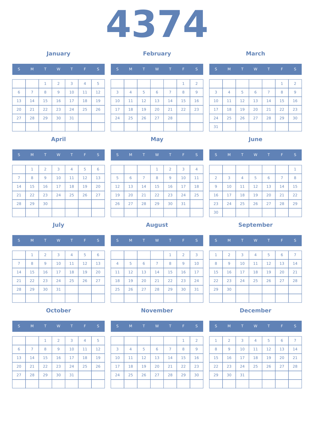 Printable 4374 Year Calendars glaucous