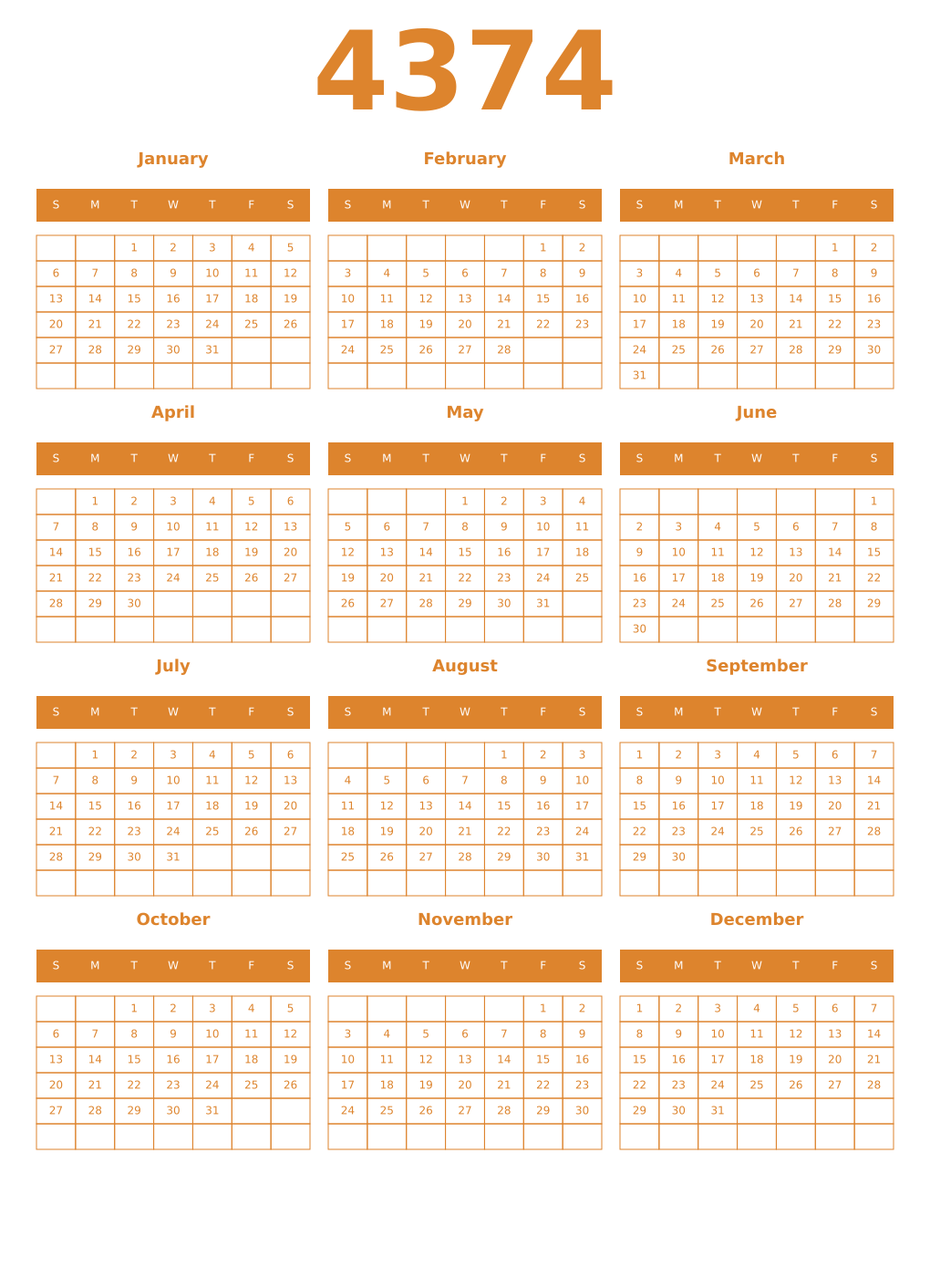Printable 4374 Year Calendars orange