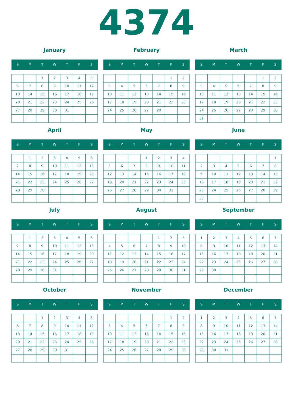 Printable 4374 Year Calendars pastel